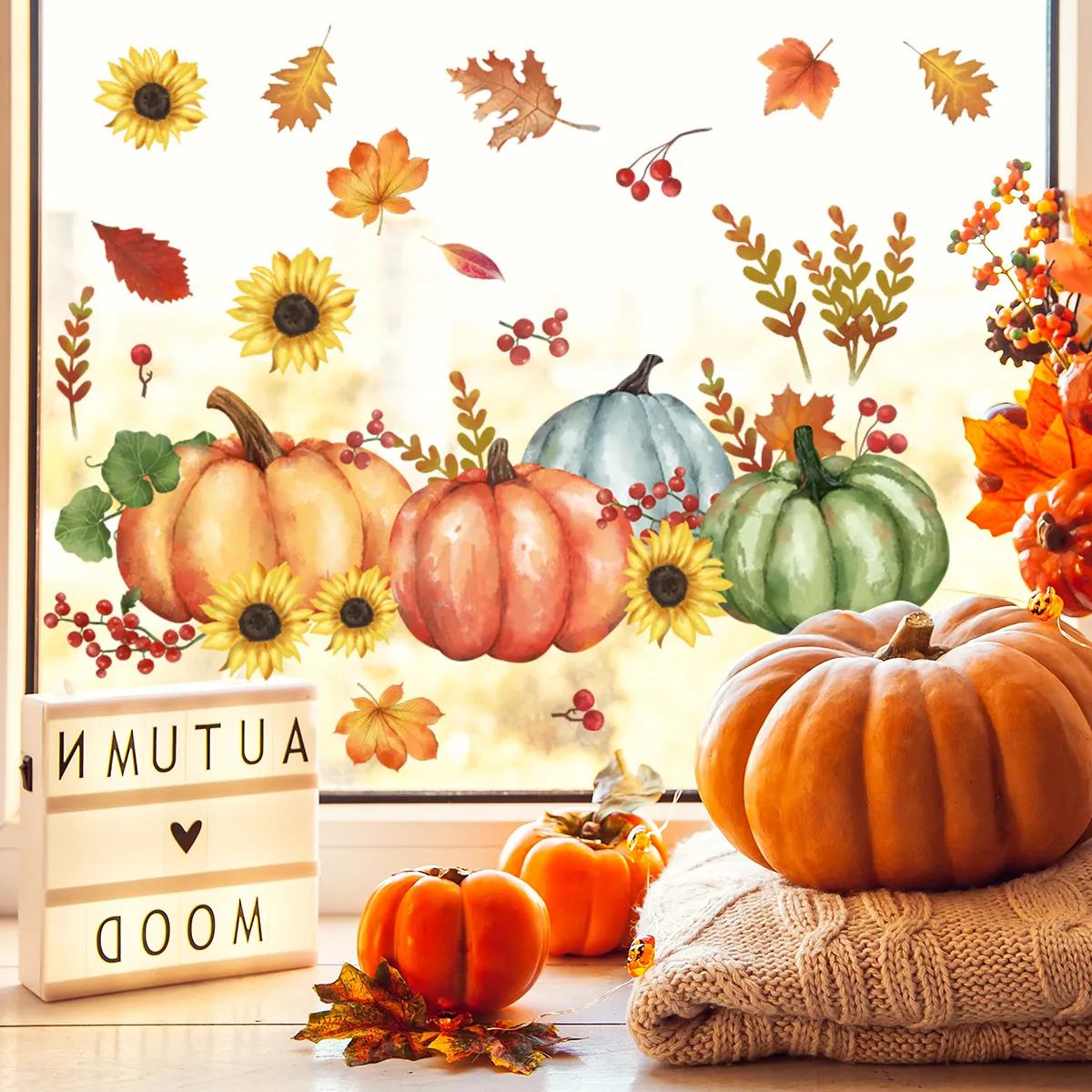 Herbst Erntedankfest Kürbis Sonnenblume Ahornblatt Statische Fensterbilder Doppelseitig Glasaufkleber Herbst Deko Heim