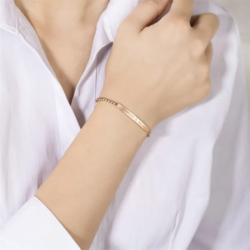 Bracelet Barre Gravée Forever Love Only You Acier Inoxydable Or Rose Chaîne De Boîte Réglable Bijoux Mode Pour Femme