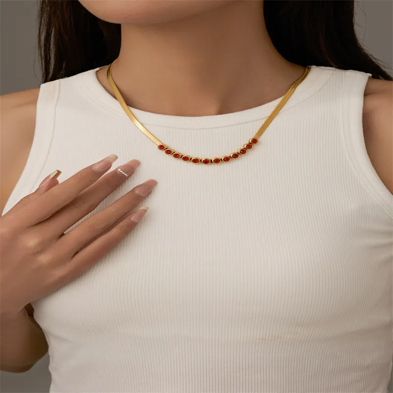 Edelstahl Halskette Flache Schlangenkette Mit Bunten Zirkon Inlays Schlüsselbein Schmuck Modisch Für Damen