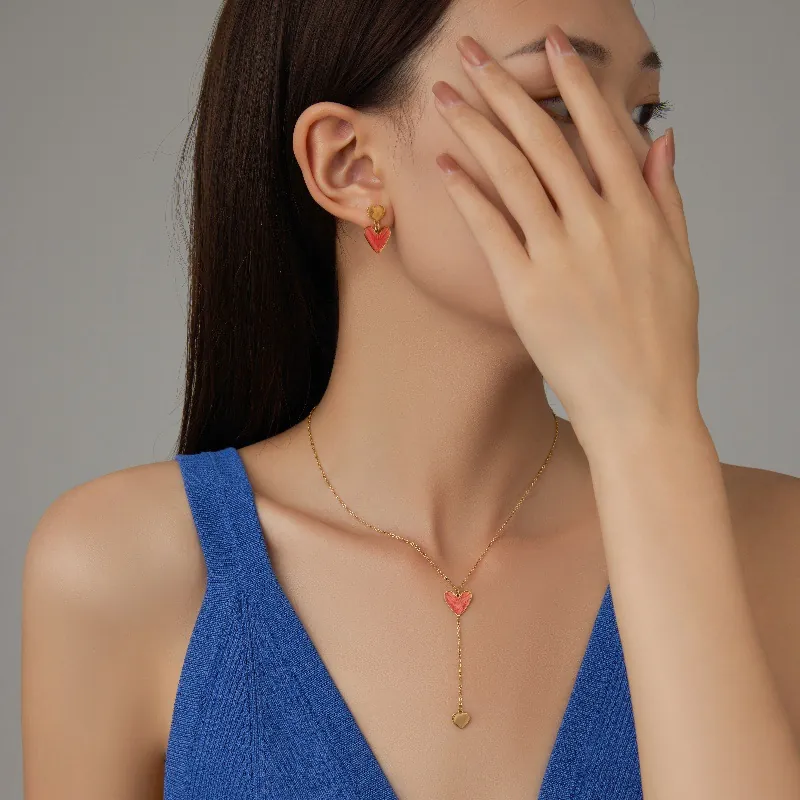 Élégant Collier Pendentif Cœur Boucles d'Oreilles Acier Inoxydable Plaqué Or Émail Rouge Zircone Rose Bijoux pour Femme Cadeaux