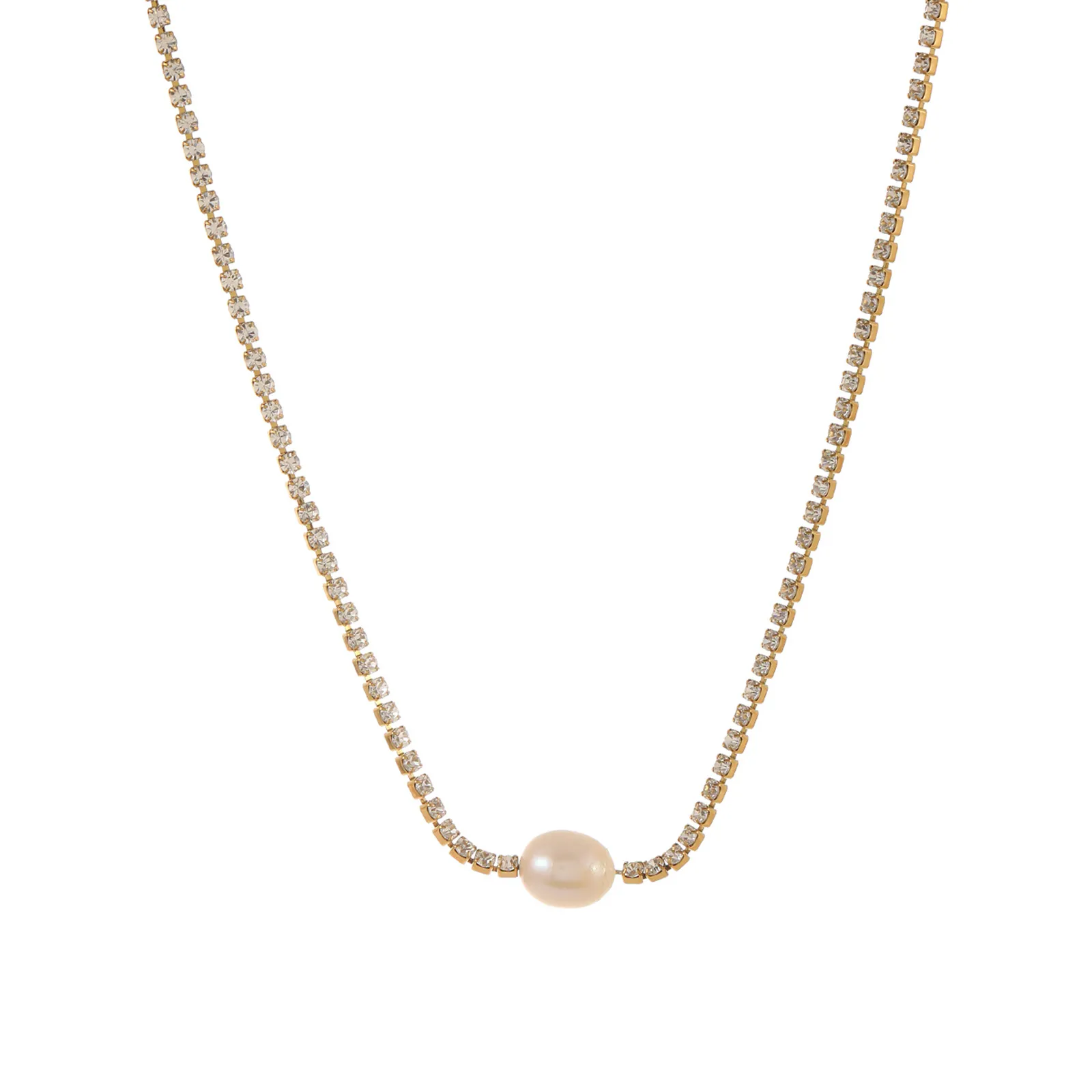 Stainless Steel Gold Plated Necklace For Women With Mother Of Artificial Pearl Rectangular Pendant Retro Elegant Snake Chain Neck Jewelry