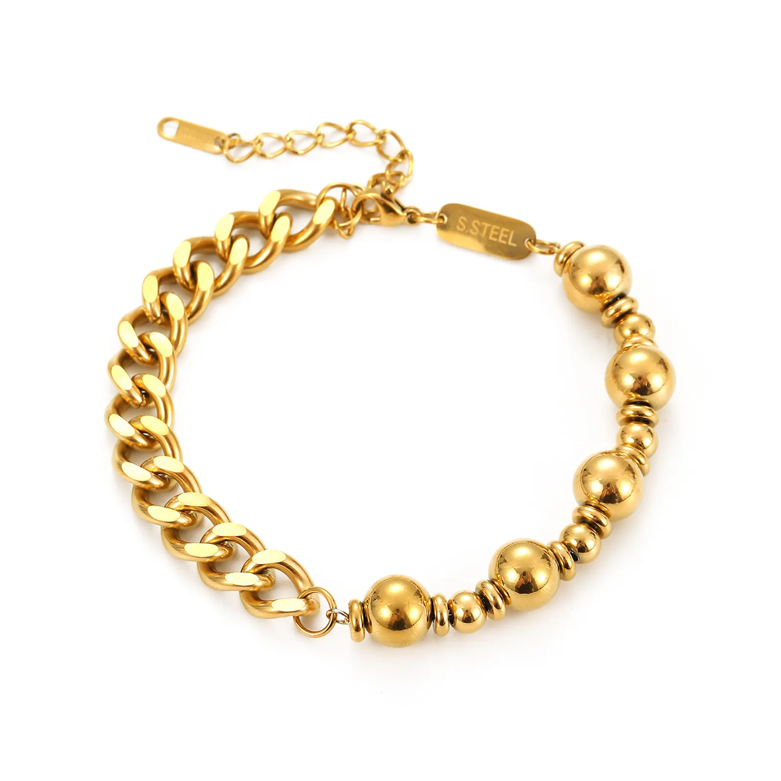 Stainless Steel Cuban Link Beaded Bracelet Gold Plated Adjustable Wrist Chain Fashion Jewelry For Men And Women