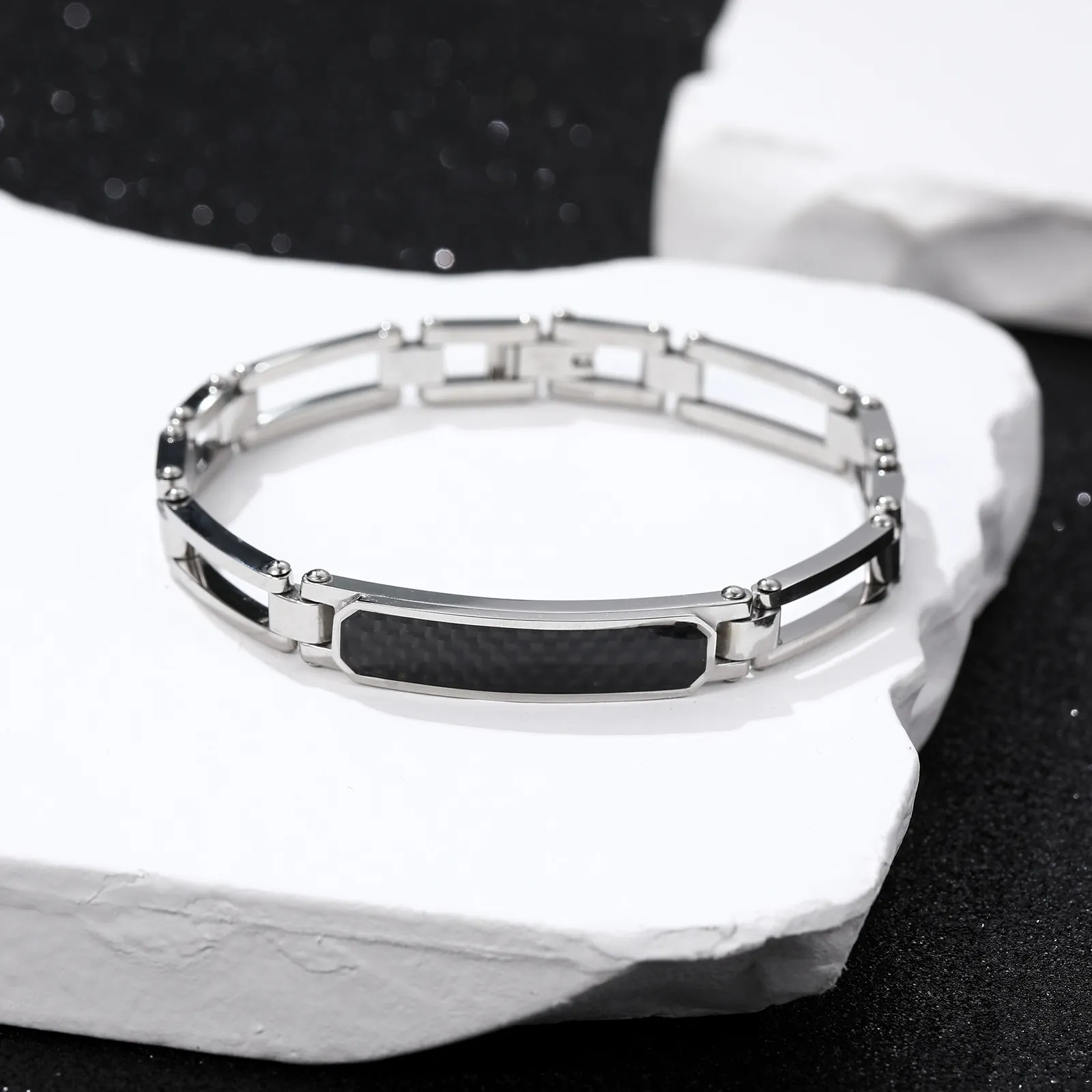 Bracelet pour Homme en Acier Inoxydable Avec Incrustation en Fibre de Carbone Noire Bijoux de Style Business Industriel
