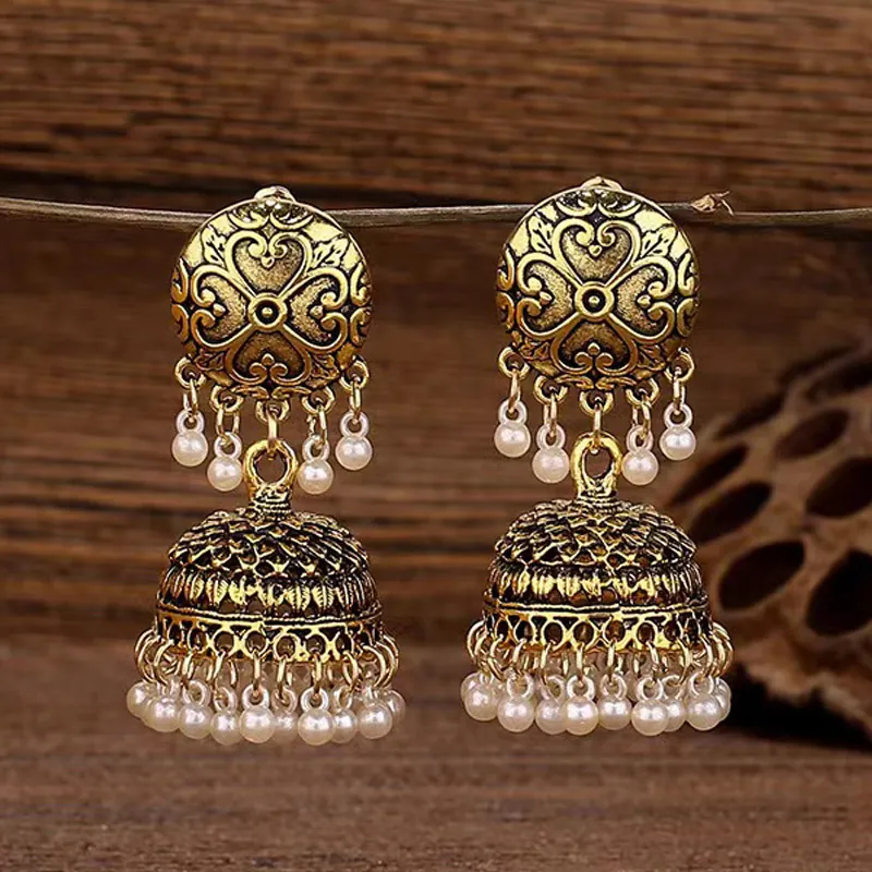 Vintage Ethnic Jhumka Bell Earrings For Women Alloy Hollow Out With Faux Artificial Pearl Bohemian Jewelry