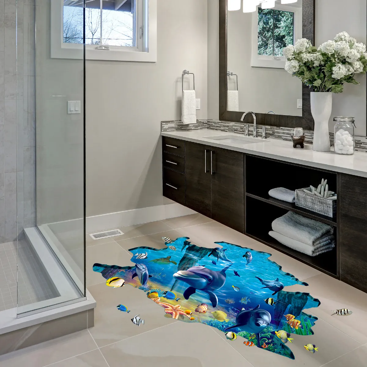 3D Ocean World Floor Sticker Dolphin Fish PVC Waterproof Self Adhesive Visual Illusion Decal Bathroom Bedroom Decor