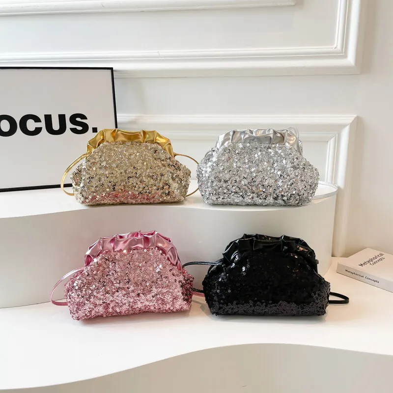 Sac Nuage à Paillettes à la Mode pour Femmes Sac à Épaule Plissé Pochette de Soirée Brillante Sac Bandoulière Avec Chaîne Fête