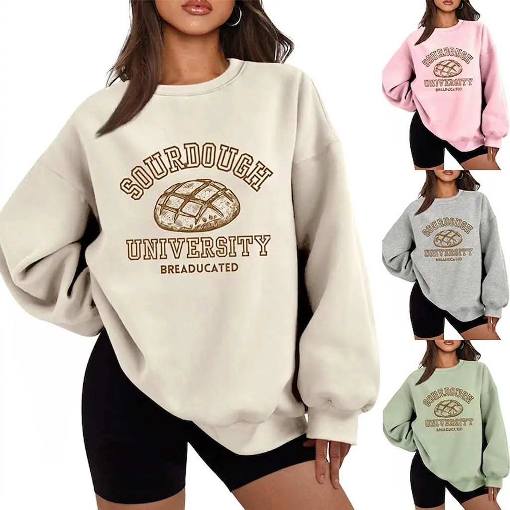 Women Sweatshirt Crewneck Cotton Blend Fleece Lined Oversized Retro Sourdough University Bread Graphic Top