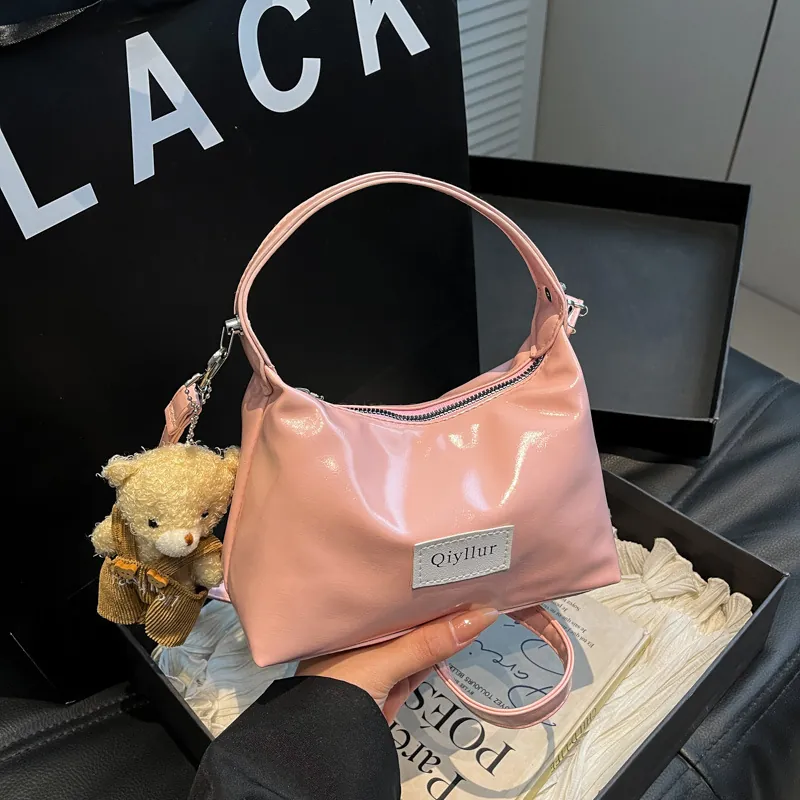 Women Glossy Patent Leather Underarm Shoulder Bag Fashion Handbag With Removable Bear Charm Daily Casual Style
