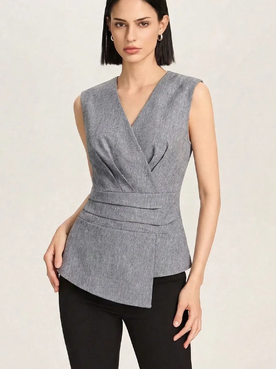 Women Sleeveless V Neck Top Polyester Wrap Pleated Waist Asymmetrical Hem Slim Fit Commuter Office Vest Lady Elegant Style