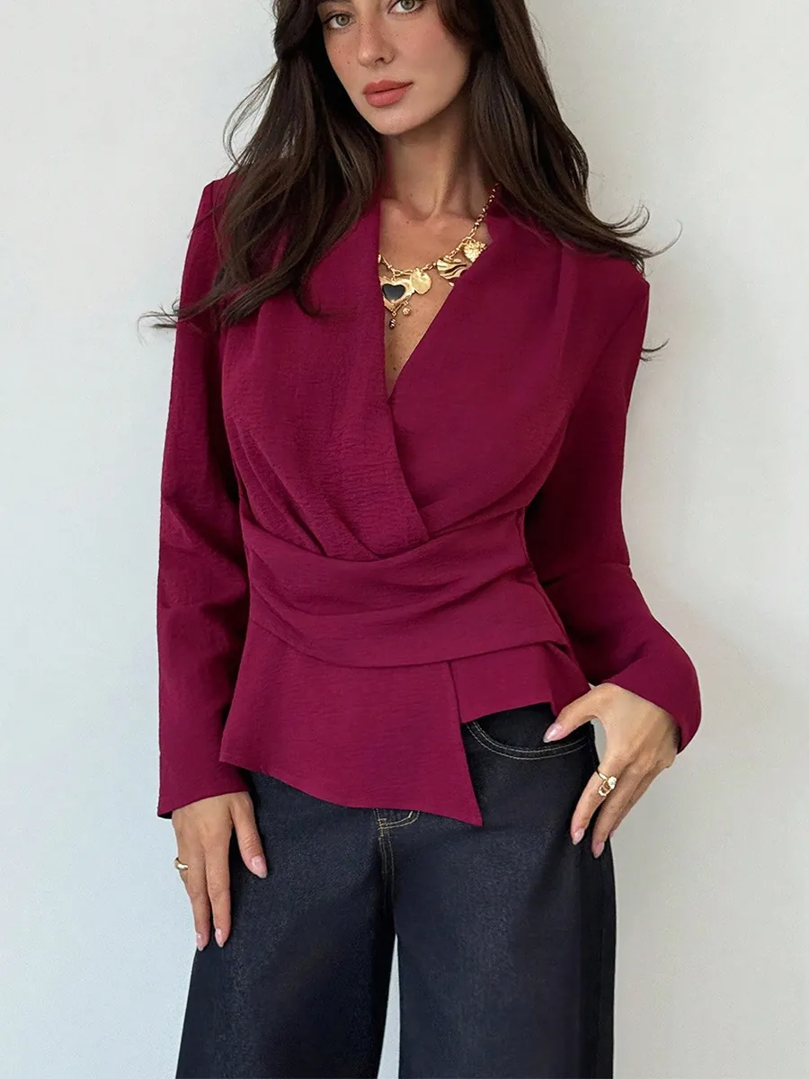 French Style Women Wrap V Neck Blouse Long Sleeve Solid Color Slim Fit Ruched Polyester Top Office Lady Elegant Shirt