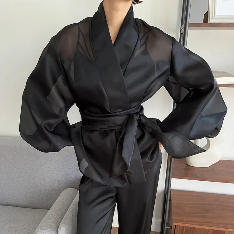 French Style Women Black Sheer Blouse Long Puff Sleeve V Neck Tie Front Wrap Top Sexy Mesh Shirt Elegant Streetwear Fashion