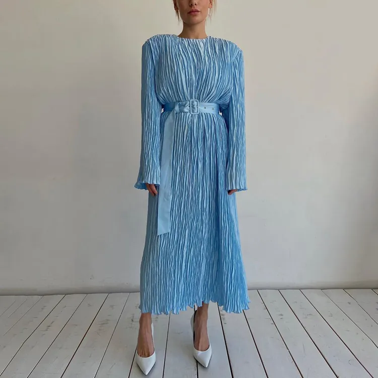 Elegante Vestito Lungo Pieghettato Da Donna A Maniche Lunghe Girocollo Tinta Unita Abito Trapezio In Poliere Con Cintura