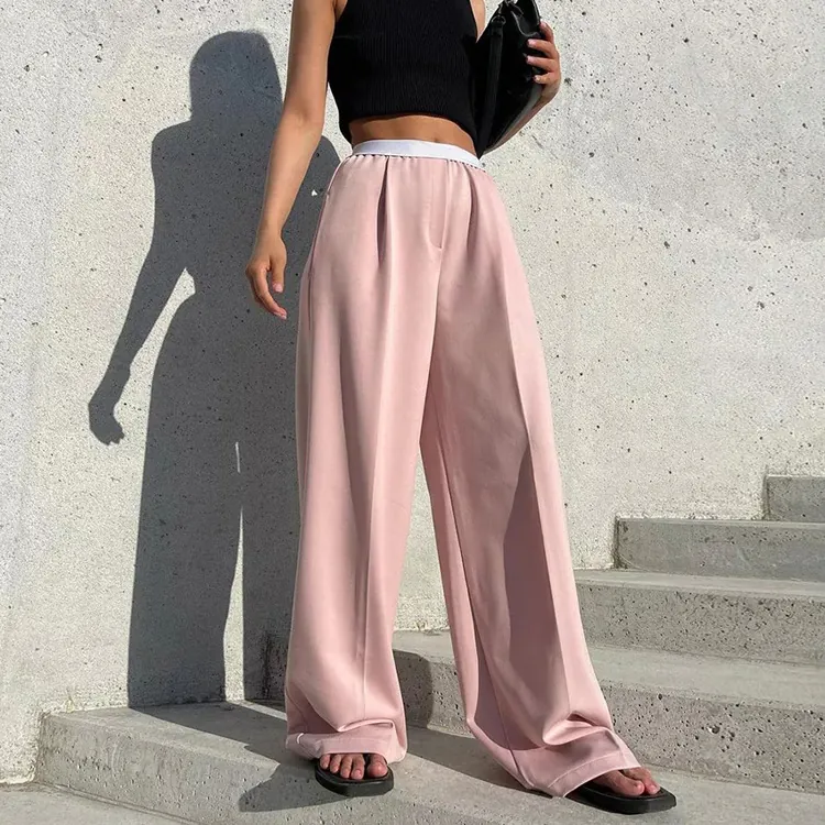 Pantalon Large Décontracté pour Femmes Viscose Polyester Taille Haute Bande Élastique Contrastée Pantalon Long Mode