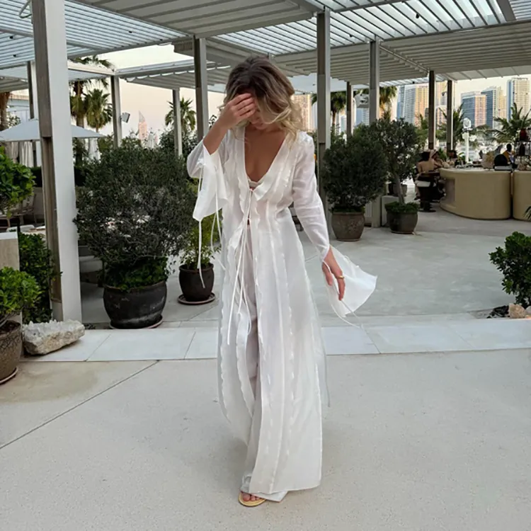 Ensemble Deux Pièces Femme Sexy Transparent Vacances à la Plage Robe Cover Up à Lacets et Pantalon Large Blanc