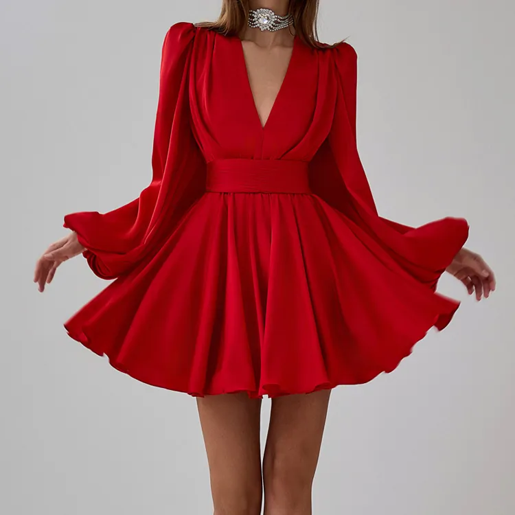 Robe Mini En Satin Rouge Français Pour Femmes Col En V Manches Lanternes Longues Taille Plissée Élégante Fête Ligne A Style