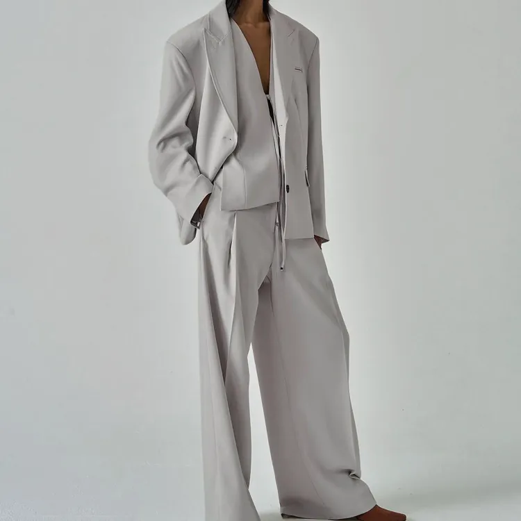 Grey Blazer Vest And Wide Leg Pants Suit Professional Office Lady Commuter Minimalist Solid Color Chic Formal Outfit
