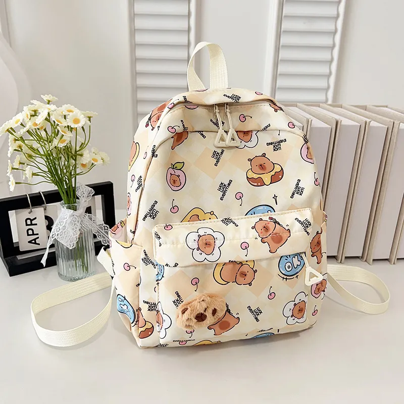 Cartoon Bear Print Kids Backpack With Plush Charm Cute Checkerboard Pattern School Bag For Kindergarten Boys Girls Lightweight Nylon Travel Daypack