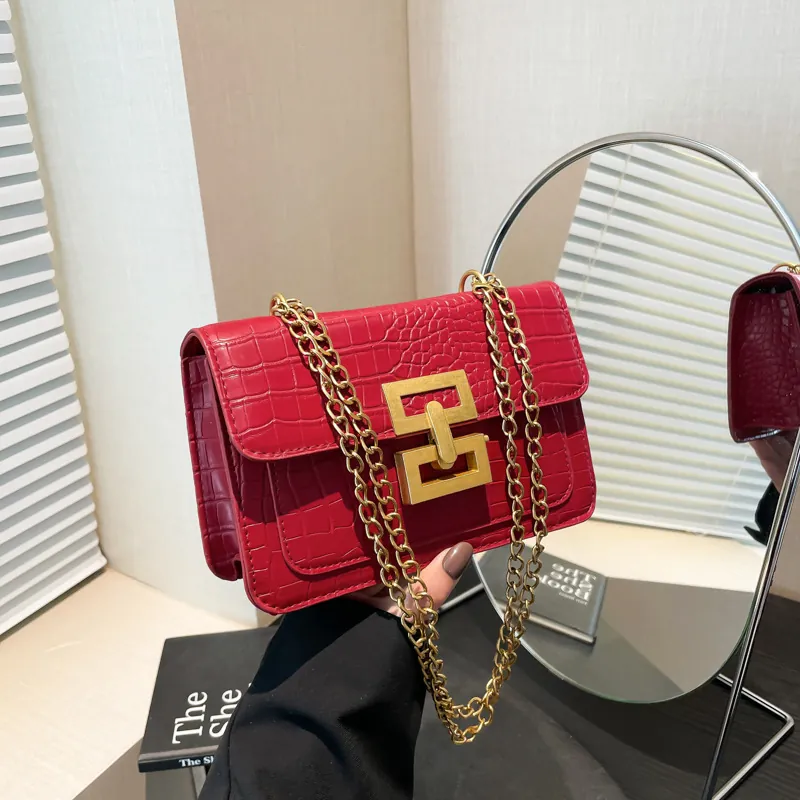 Bolso Bandolera de Cuero PU con Relieve de Cocodrilo para Mujer Moda Cadena de Oro Bolso Cuadrado Pequeño con Hebilla de Metal