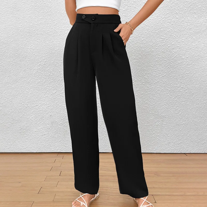 Pantaloni Da Donna A Vita Alta E Gamba Larga Neri Poliestere Pantaloni Da Abito Drappeggiati Business Casual Ufficio