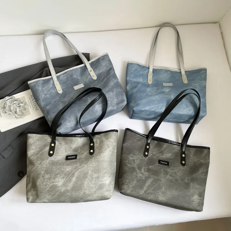 Borsa Tote da Donna in Pelle PU Grande Capacità Motivo Marmo Lavato Pendolarismo Casual Borsa a Spalla Street Style