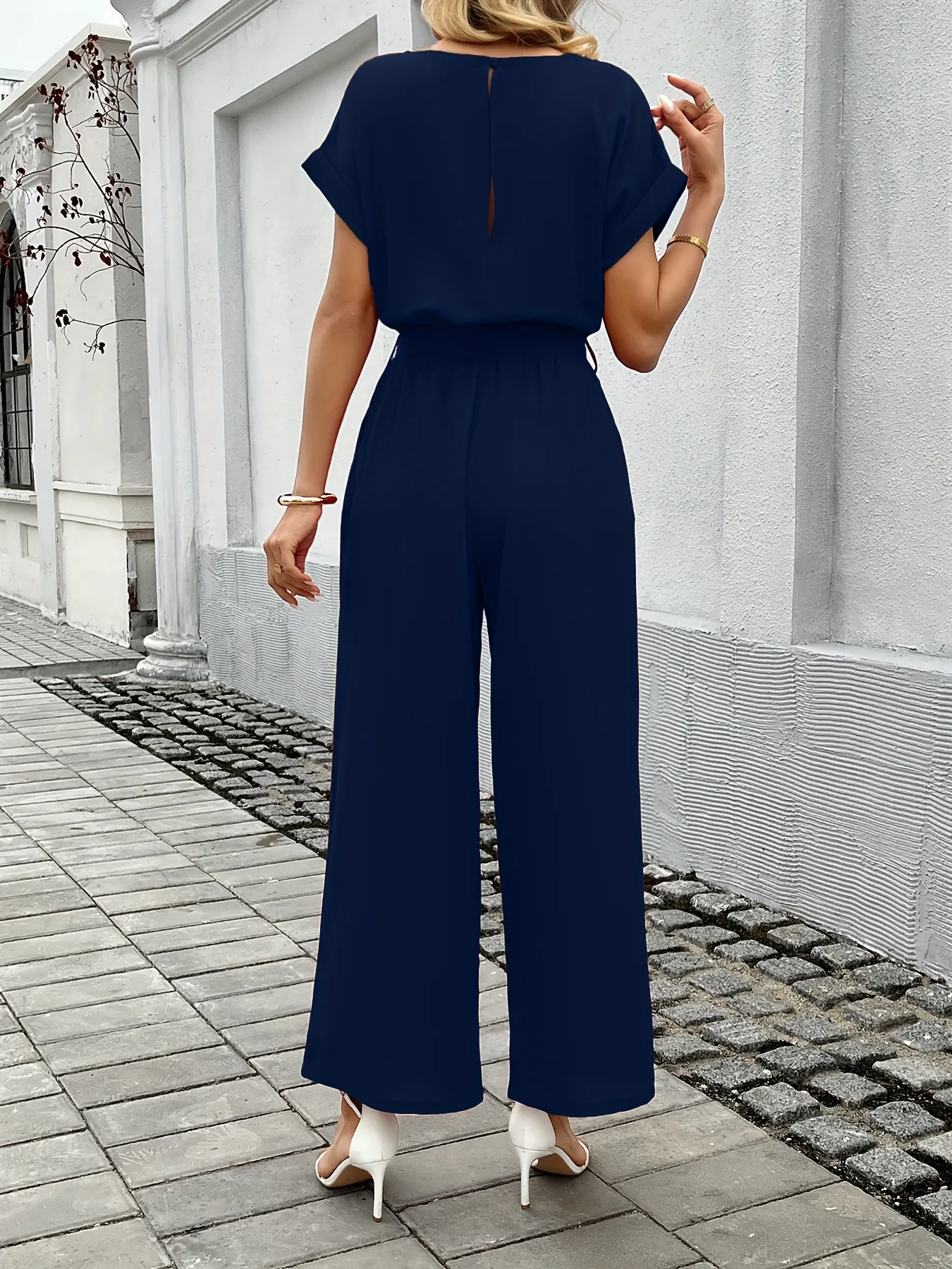 Women Elegant Jumpsuit Short Sleeve Round Neck Wide Leg Long Pants With Belt Pure Polyester Casual Office Solid Color