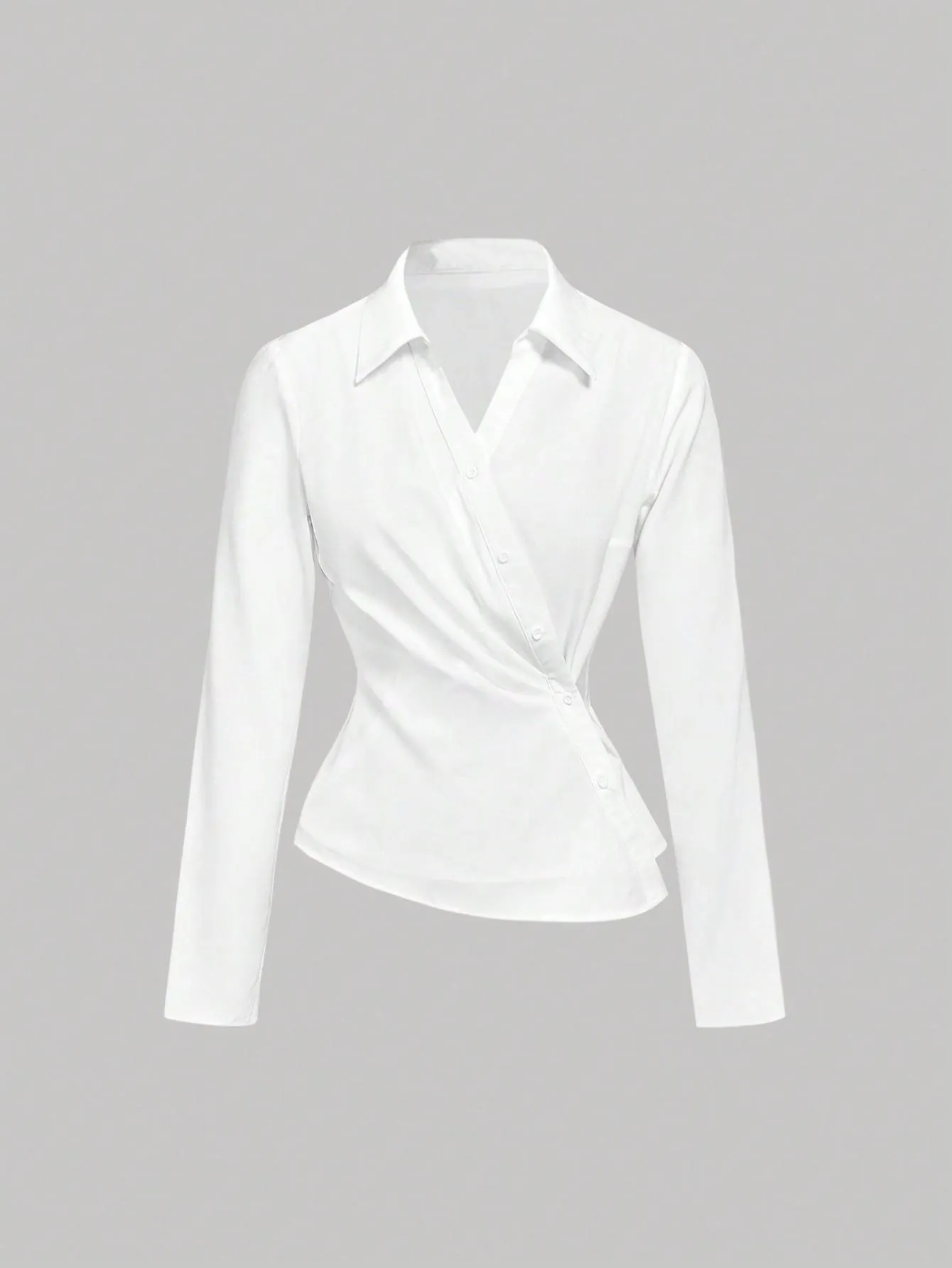 Camisa de Mujer Blanca Manga Larga Cintura Ceñida Blusa de Envoltura Asimétrica Elegante Solapa Top de Poliéster Color Sólido
