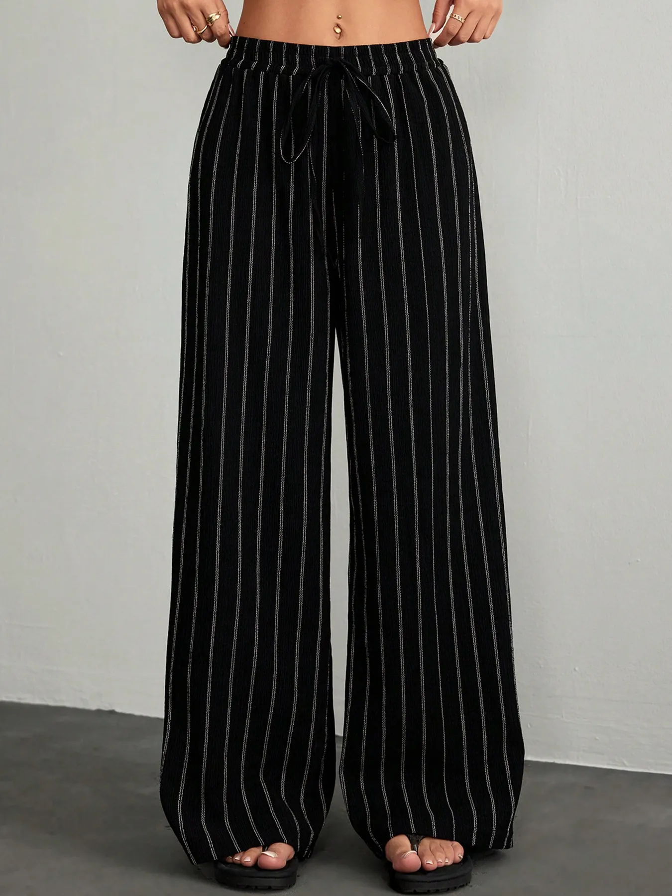 Pantalon Large à Rayures pour Femmes Décontracté Taille Haute Cordon de Serrage Pantalon Ample Mode Rayures Verticales Long