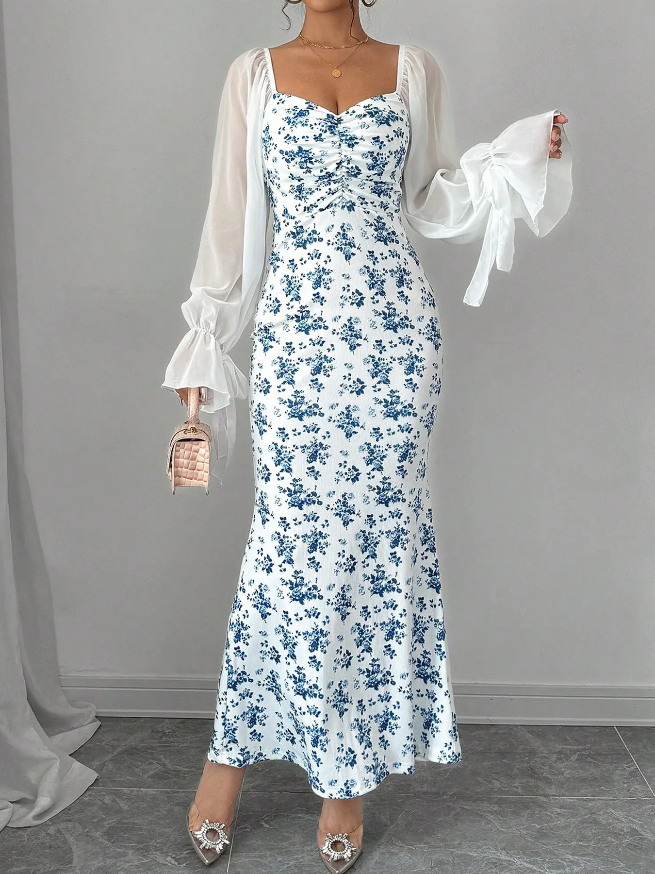 Women Elegant Floral Print Bodycon Maxi Dress Sexy V-Neck Chiffon Patchwork Flare Sleeve Slim Fit Party Banquet Long Dress