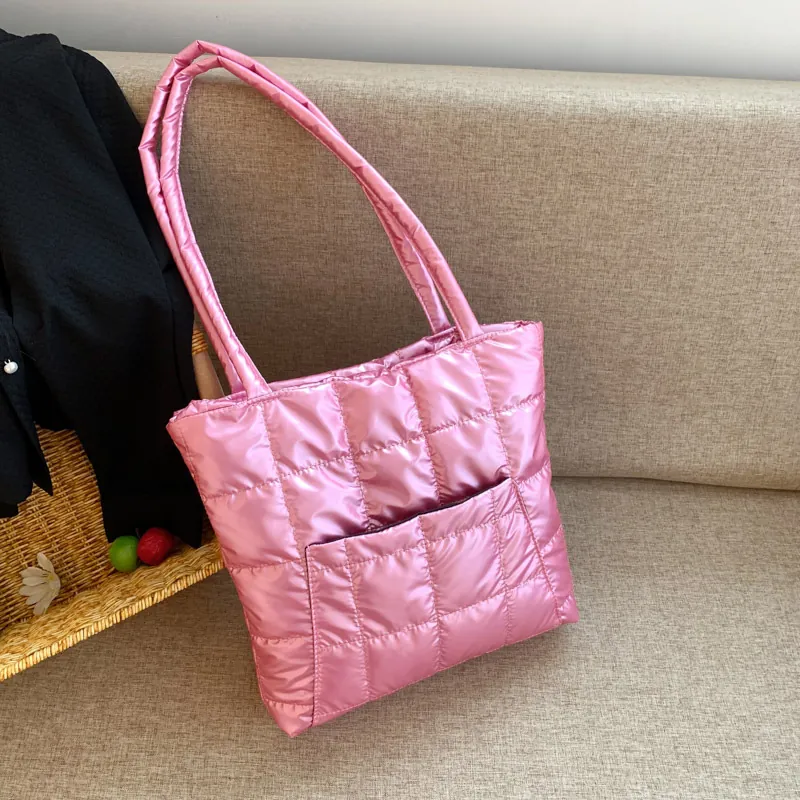 Metallic Quilted Puffer Tote Bag For Women Large Capacity Square Padded Shoulder Bag Fashion Commuting Handbag For Daily