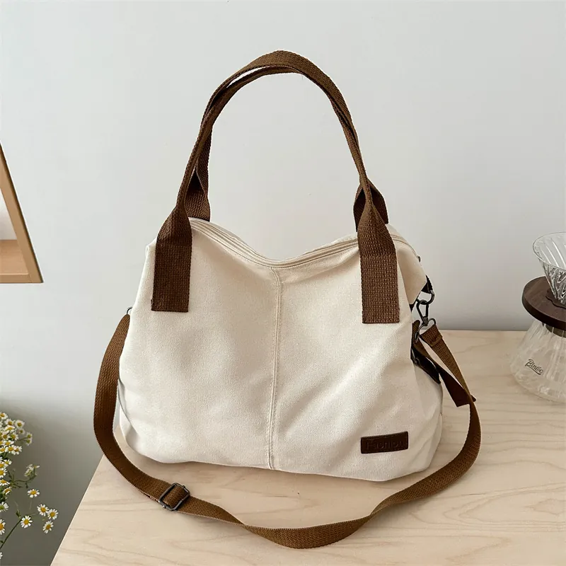 Women Large Capacity Canvas Tote Bag Contrast Color Fashion Casual Shoulder Handbag With Zipper Daily Commuting Shopping Bag