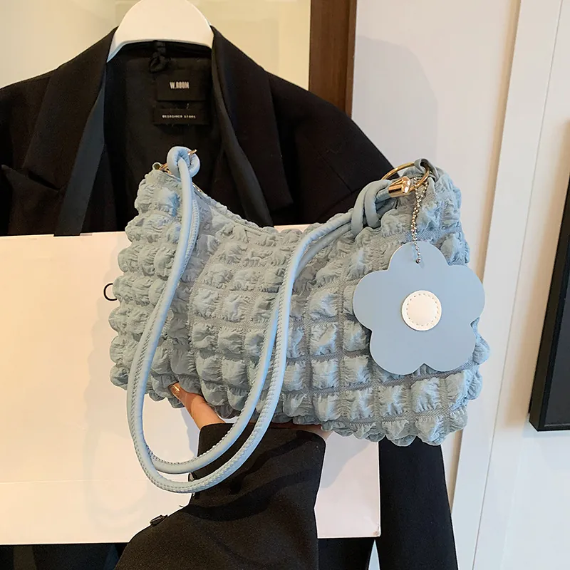 Women Popcorn Bubble Texture PU Shoulder Bag Fashion Underarm Bag With Flower Charm Solid Color Casual Underarm Tote Bag