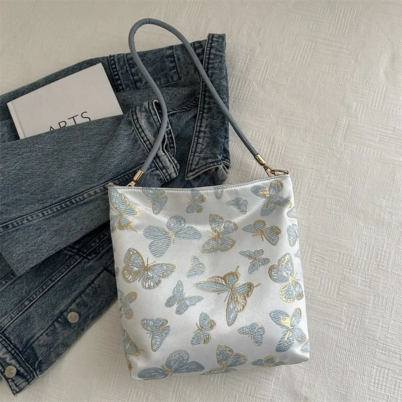 Sac à Épaule Femme PU Tissu Jacquard Broderie Papillon Feuille de Bambou Motif Sac Sous le Bras Main Mode Daily Crossbody