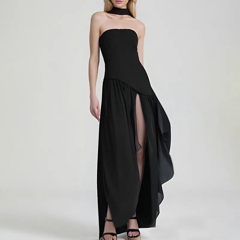Women's Solid V Neck Maxi Dress Polyester Loose Batwing Sleeve Split Hem Drawstring Waist Casual Long Dress