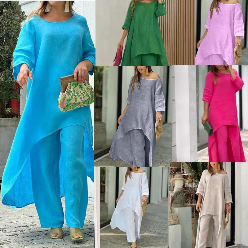 Ensemble Décontracté Femme en Coton et Lin Top et Pantalon Ourlet Irrégulier Haut à Manches Longues et Pantalon Large Couleur Unie