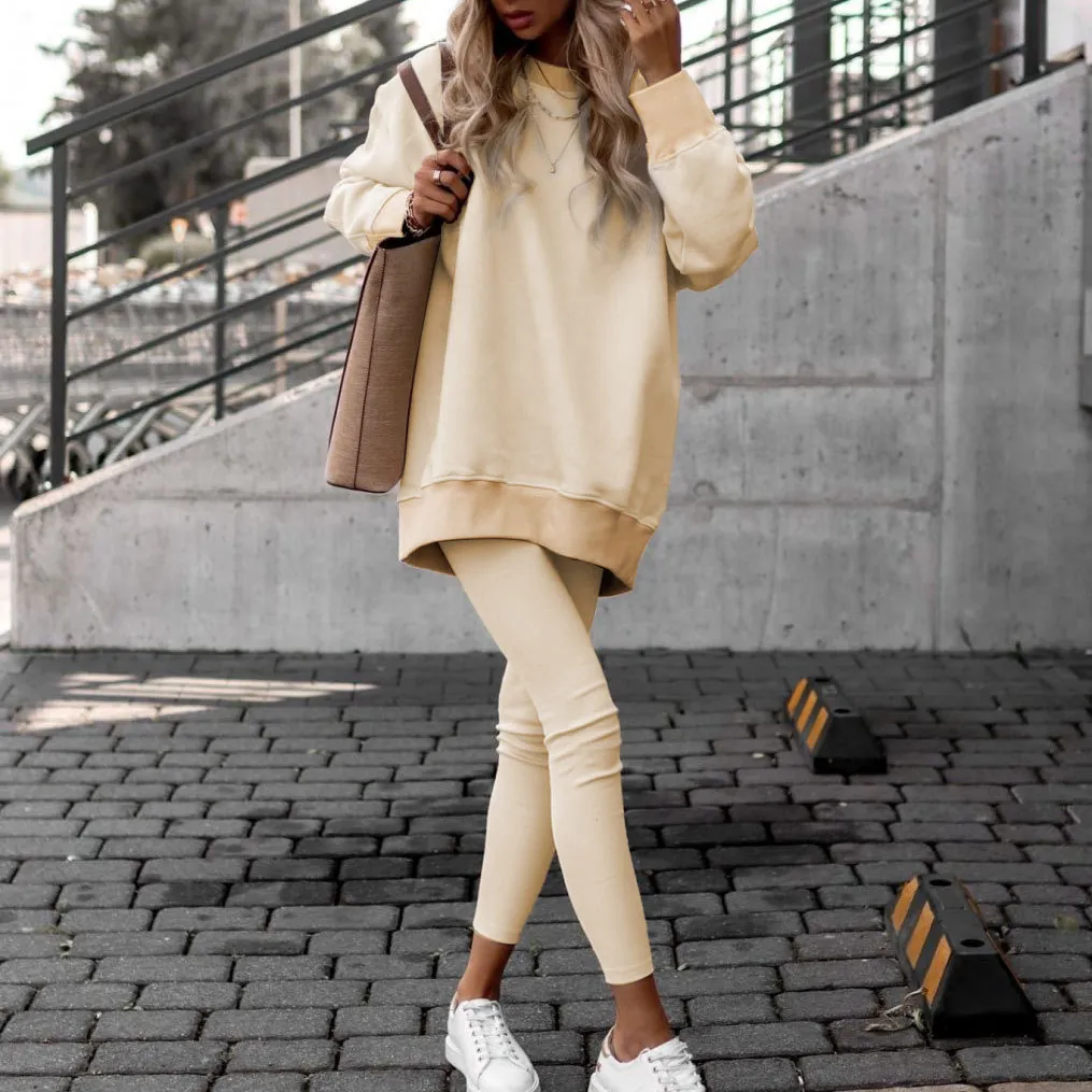 Women Oversized Crew Neck Sweatshirt And Leggings Top And Bottom Solid Color Drop Shoulder Long Sleeve Loungewear Outfit