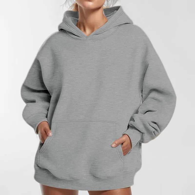 Top Donna Tinta Unita Manica Lunga Felpa con Cappuccio Pullover Oversized Con Tasca Largo Elegante Autunno Inverno Moda Felpa