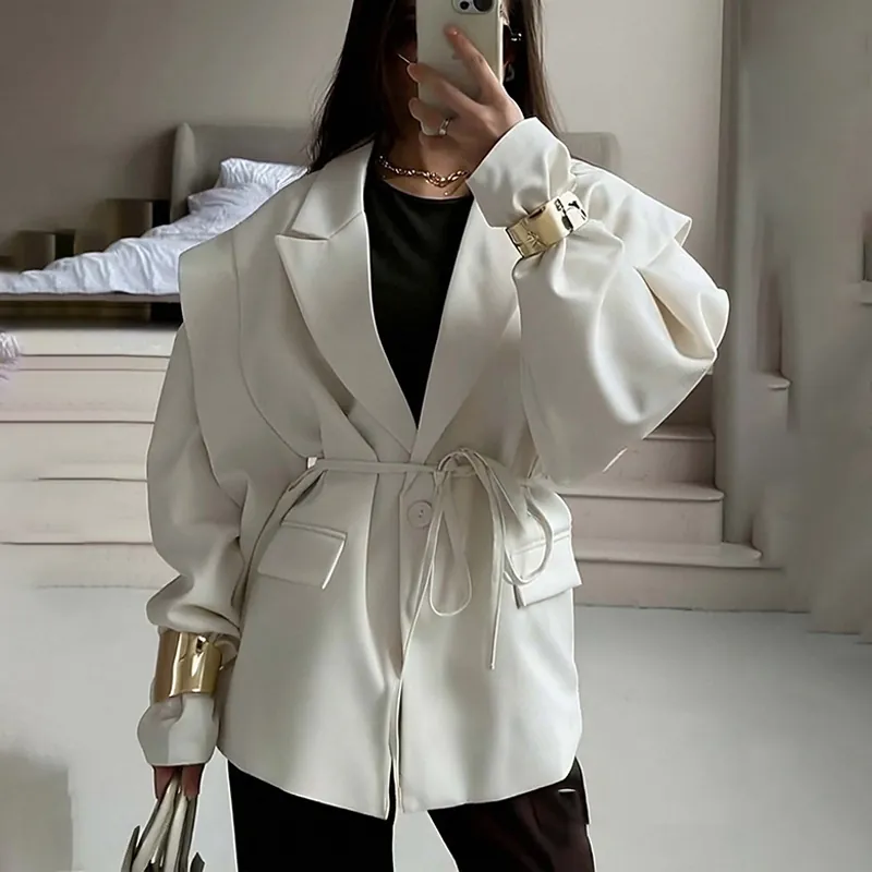 Women Acetate Fiber Blazer Jacket With Tie Waist V Neck Solid Color Loose Fit Casual Long Sleeve Office Outerwear Coat Top