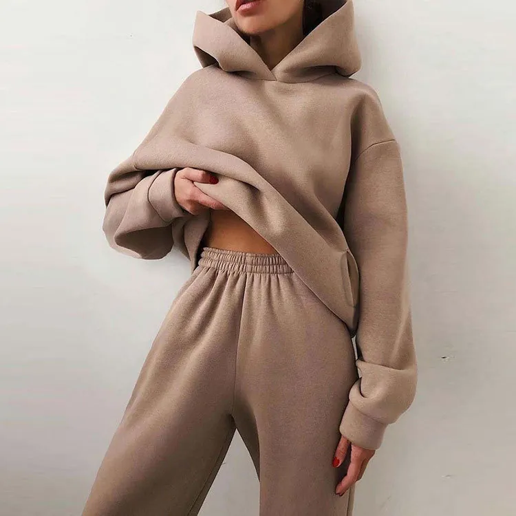Femmes Automne Hiver Épais Polaire Sweat à Capuche Et Pantalon Top And Bottom Décontracté Manches Longues Sweat-Shirt Jogging Couleur Unie Vêtement de Sport