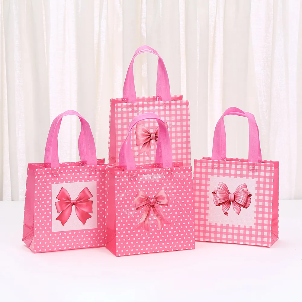 Sac Cadeau en Tissu Non-tissé Rose Avec Imprimé Nœud Motif à Carreaux Pois Sac à Main Portable Imperméable pour Anniversaire Fête Shopping