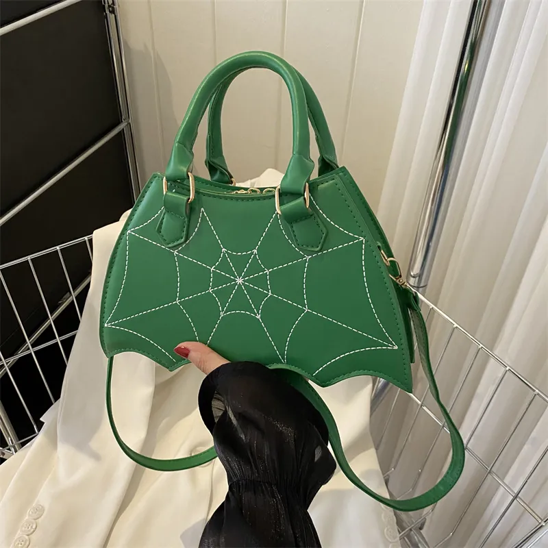 Women Bat Wing Crossbody Bag Spiderweb Pattern PU Leather Handbag Gothic Halloween Style Top Handle Shoulder Bag