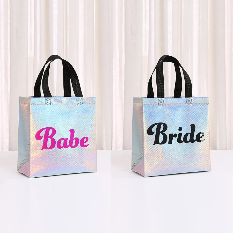 Borsa Regalo Laser Iridescente in Tessuto Non Tessuto Per Matrimonio Festa Minimalista Bride Babe Stampata Borsa Confezione Regalo
