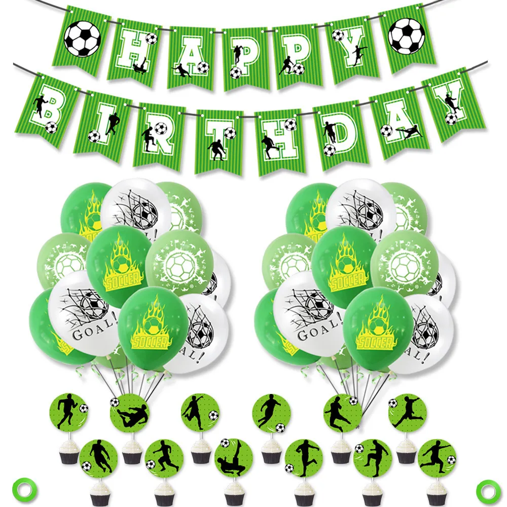 Set Decorazioni Festa di Compleanno Calcio Palloncini Verdi Bianchi Banner Happy Birthday Decorazioni Torta Calciatori Ragazzi