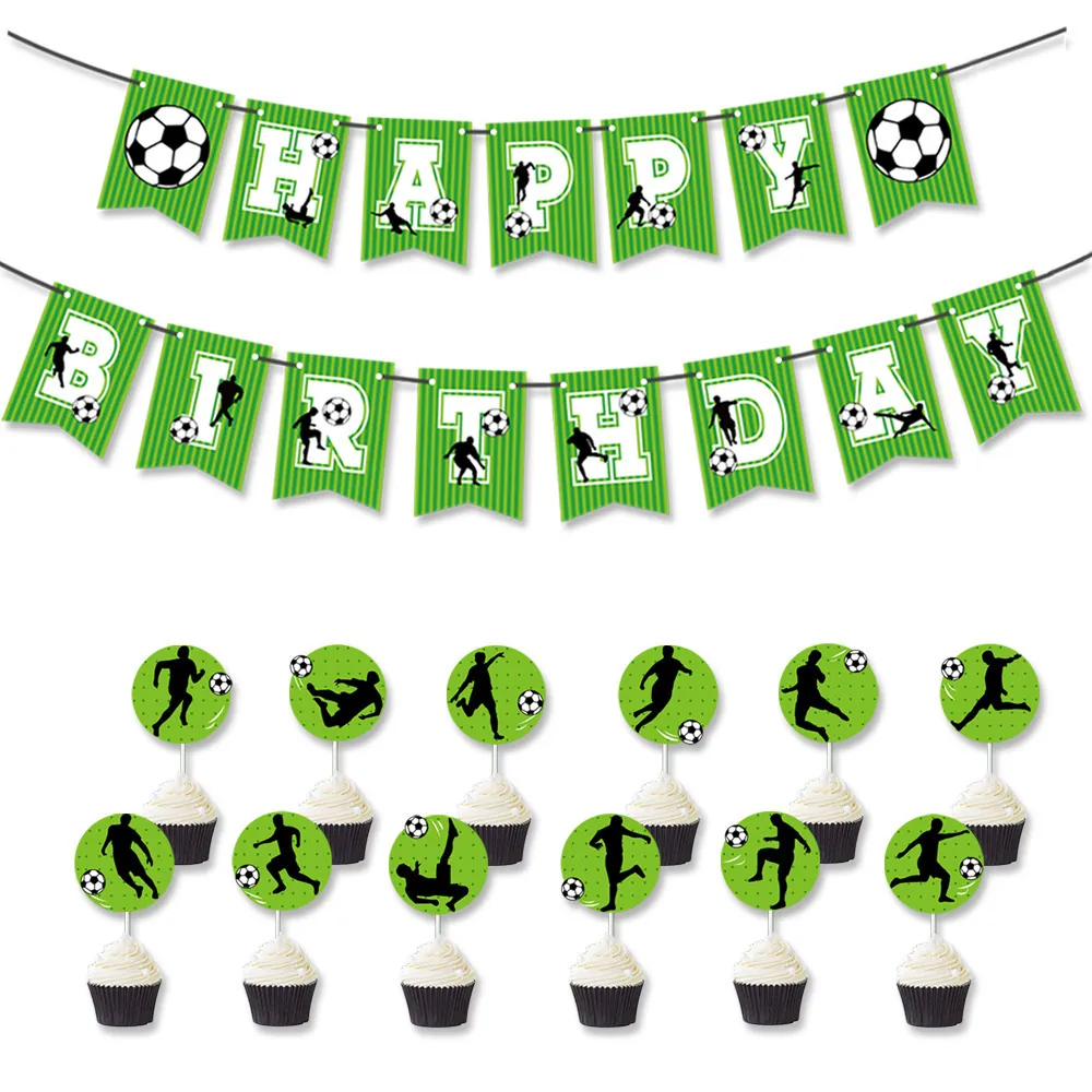 Soccer Theme Birthday Party Decoration Happy Birthday Banner Football Athlete Silhouette Cupcake Toppers Sport Supplies