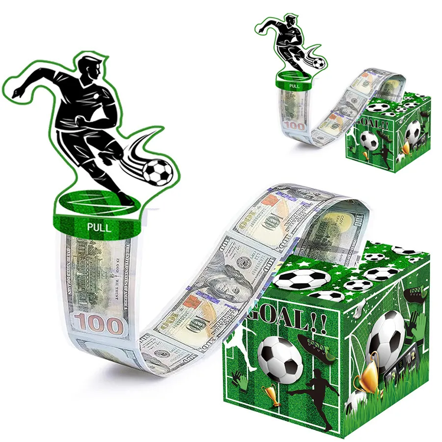 Soccer Theme Money Pulling Box Surprise Birthday Gift Paper Box With Football Player Topper For Sports Party Decoration
