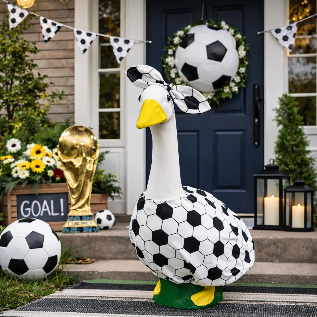 Polyester Soccer Pattern Porch Goose Clothes Set With Bow Headband For Garden Statue Outdoor Decoration Sports Theme Outfit