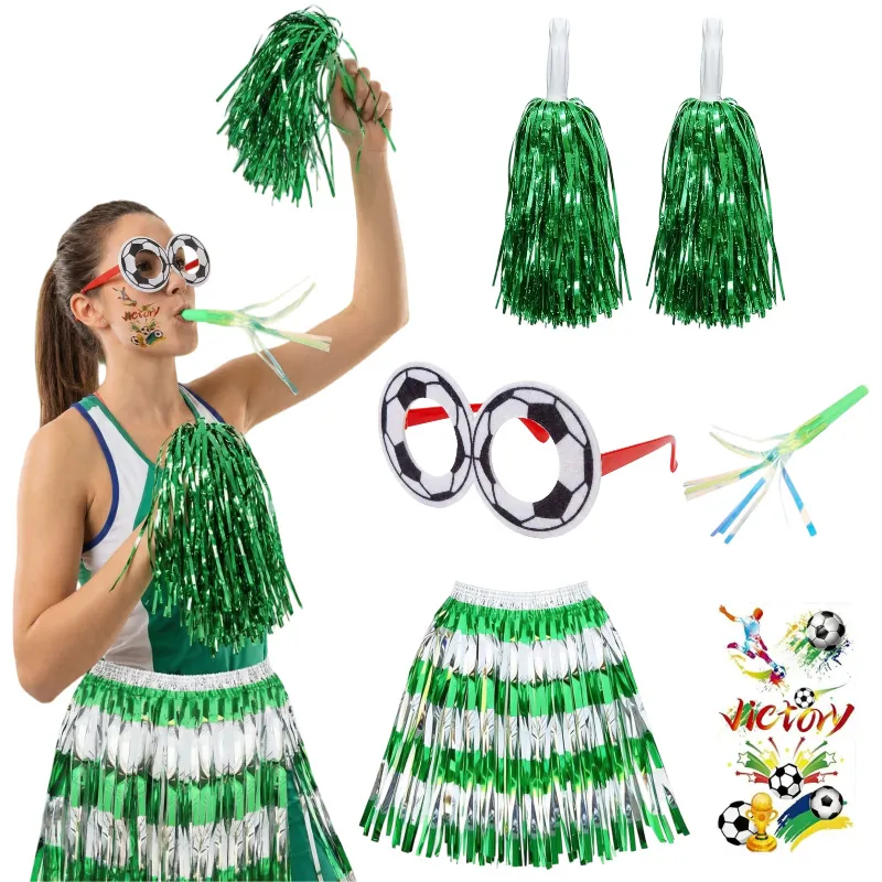 World Cup Soccer Fan Cheering Props Tinsel Skirt Pom Poms Soccer Glasses Blower And Tattoo Stickers For Football Match Party Gear