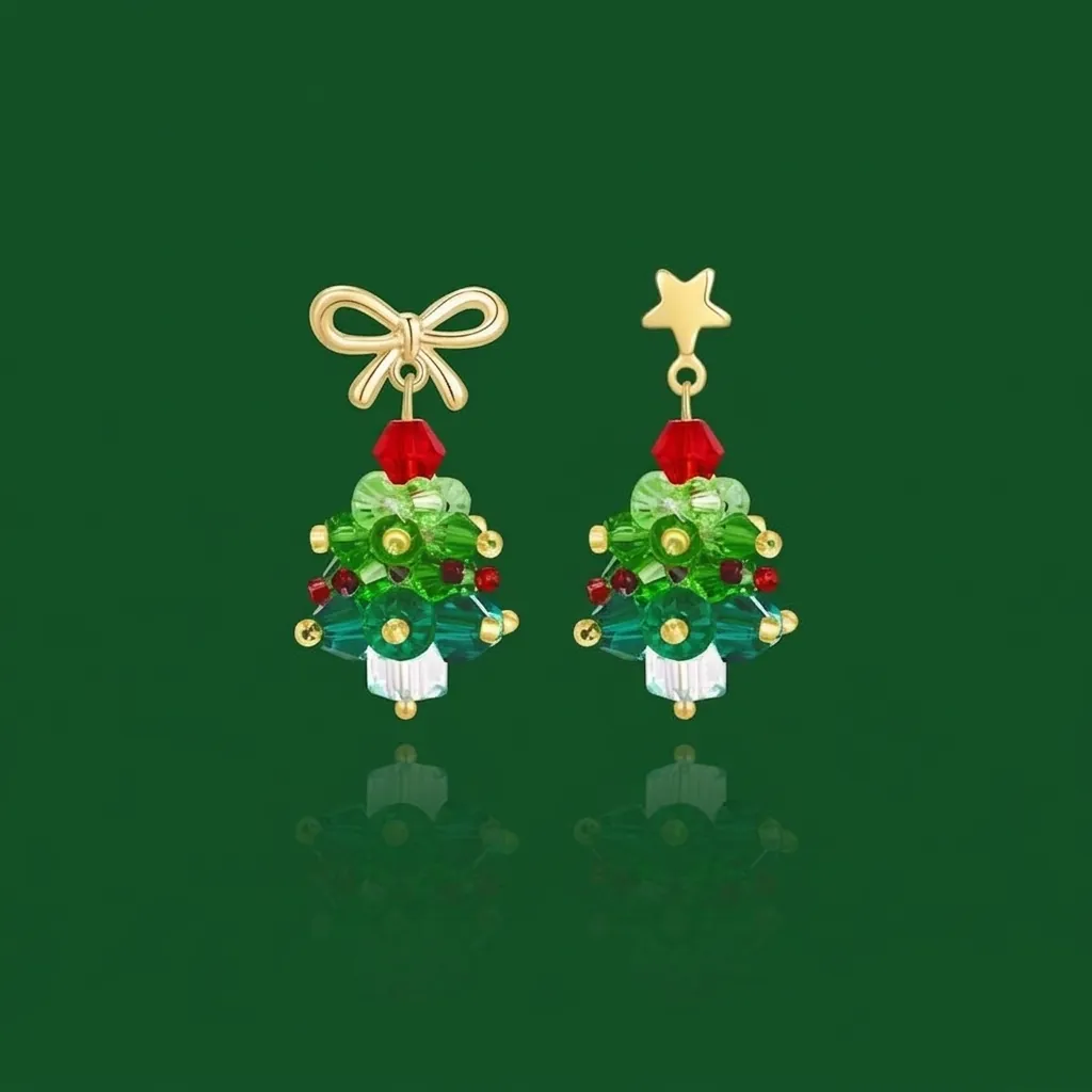 Christmas Tree Bow Star Asymmetric Earrings Women Crystal Beaded Alloy Drop Earrings Stainless Steel Post Holiday Gift