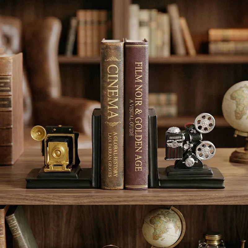 Vintage Industrial Resin Camera And Projector Bookends For Study Office Decorative Movie Theme Book Stand Ornament