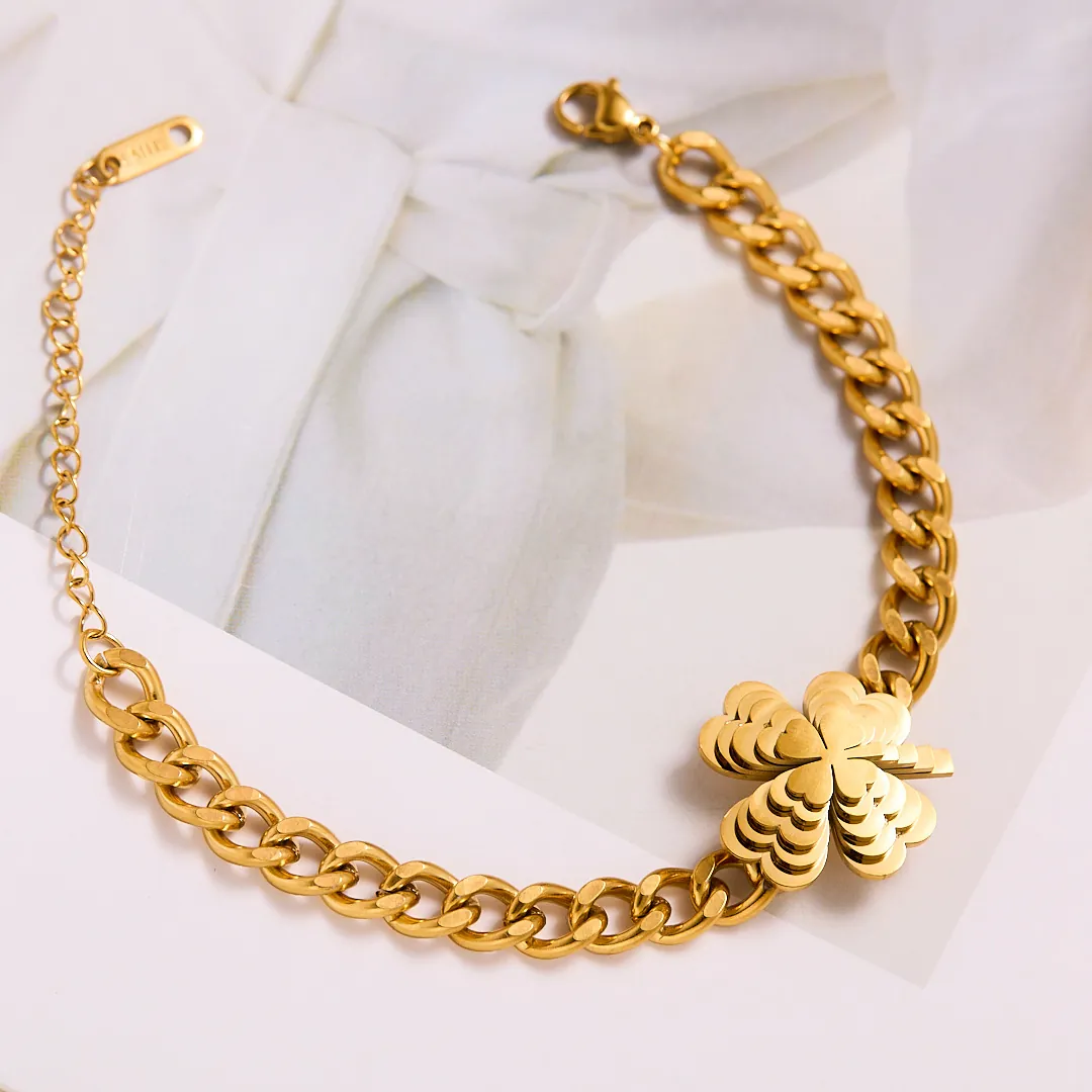 Retro Gold Plated Stainless Steel Layered Clover Heart Bracelet For Women Fashion Thick Chain Lucky Jewelry Adjustable