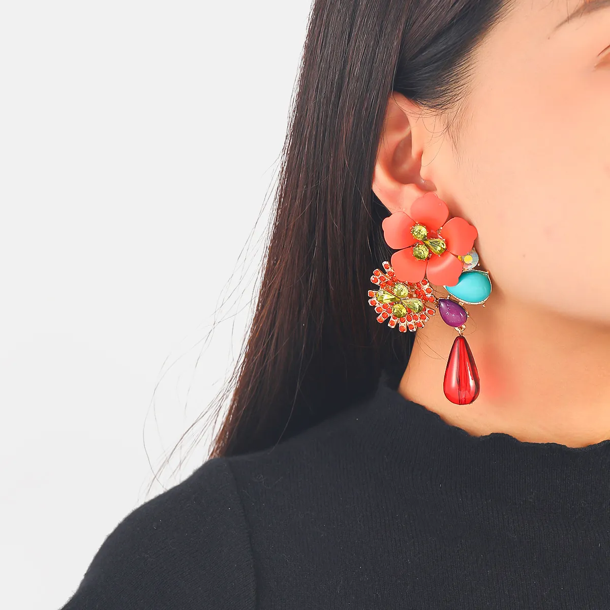 Boho Alloy Resin Flower Drop Earrings For Women Statement Colorful Rhinestone Beaded Waterdrop Vintage Jewelry Accessory